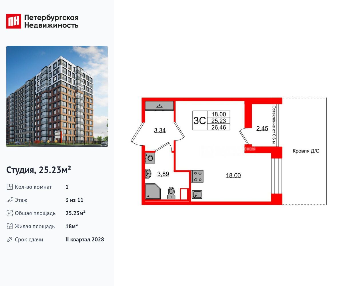 Планировка: Студия 25.23 м² в новостройке Астра Континенталь