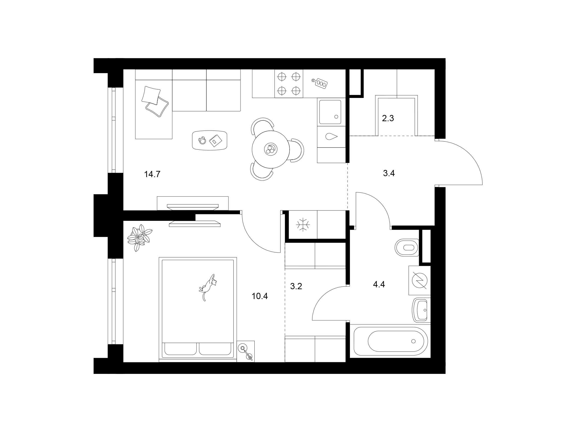 Планировка: 1-комн. квартира 38.40 м² в новостройке ЖК Середневский лес