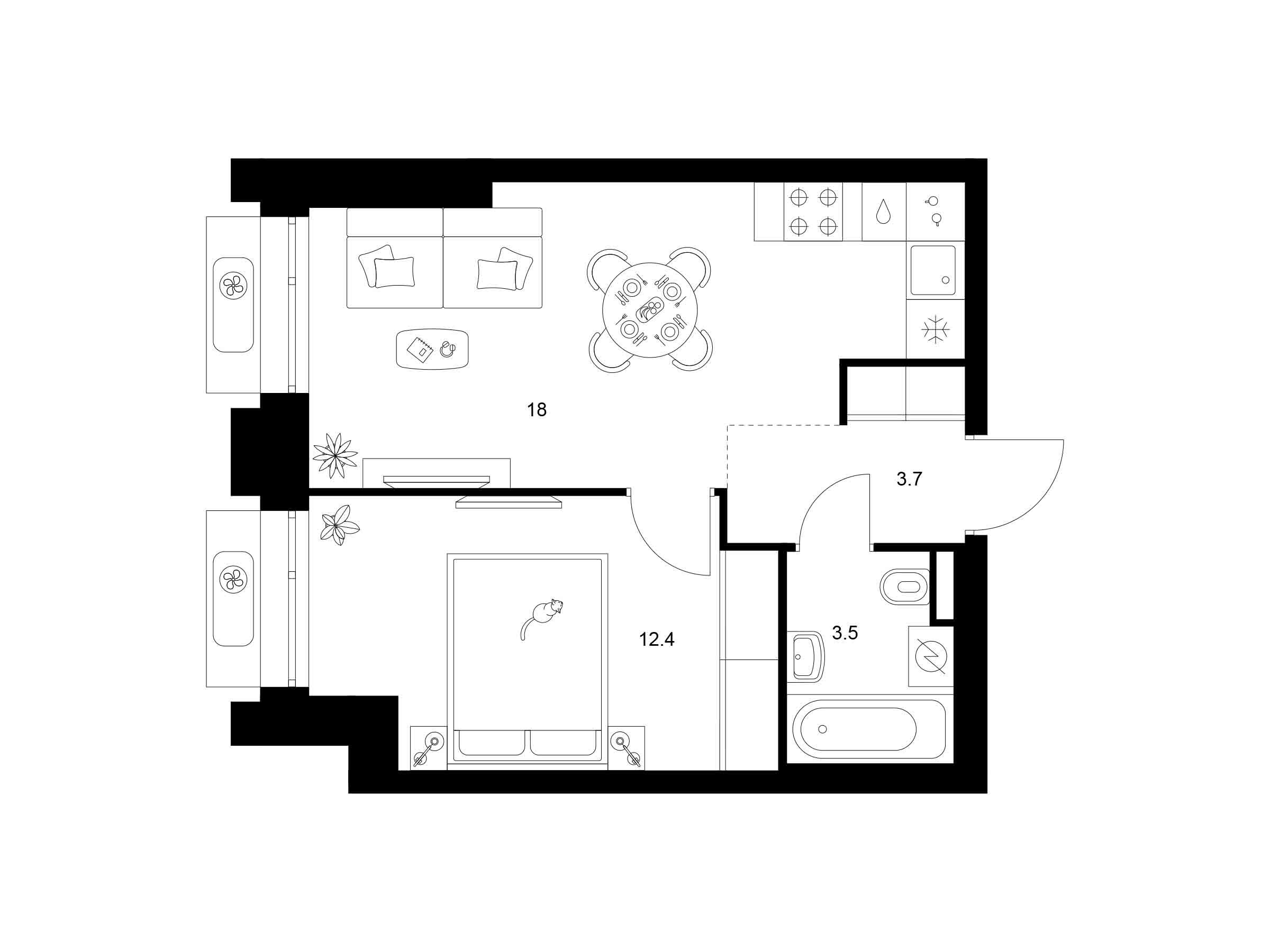 Планировка: 1-комн. квартира 37.60 м² в новостройке ЖК Середневский лес