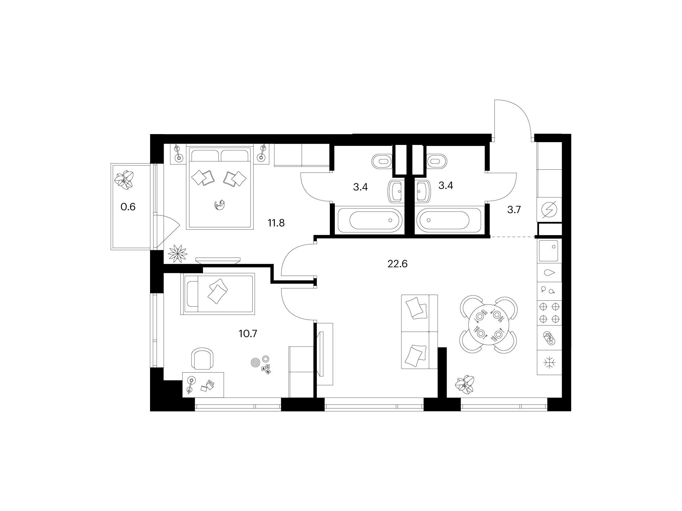 Планировка: 2-комн. квартира 56.20 м² в новостройке Бунинская набережная