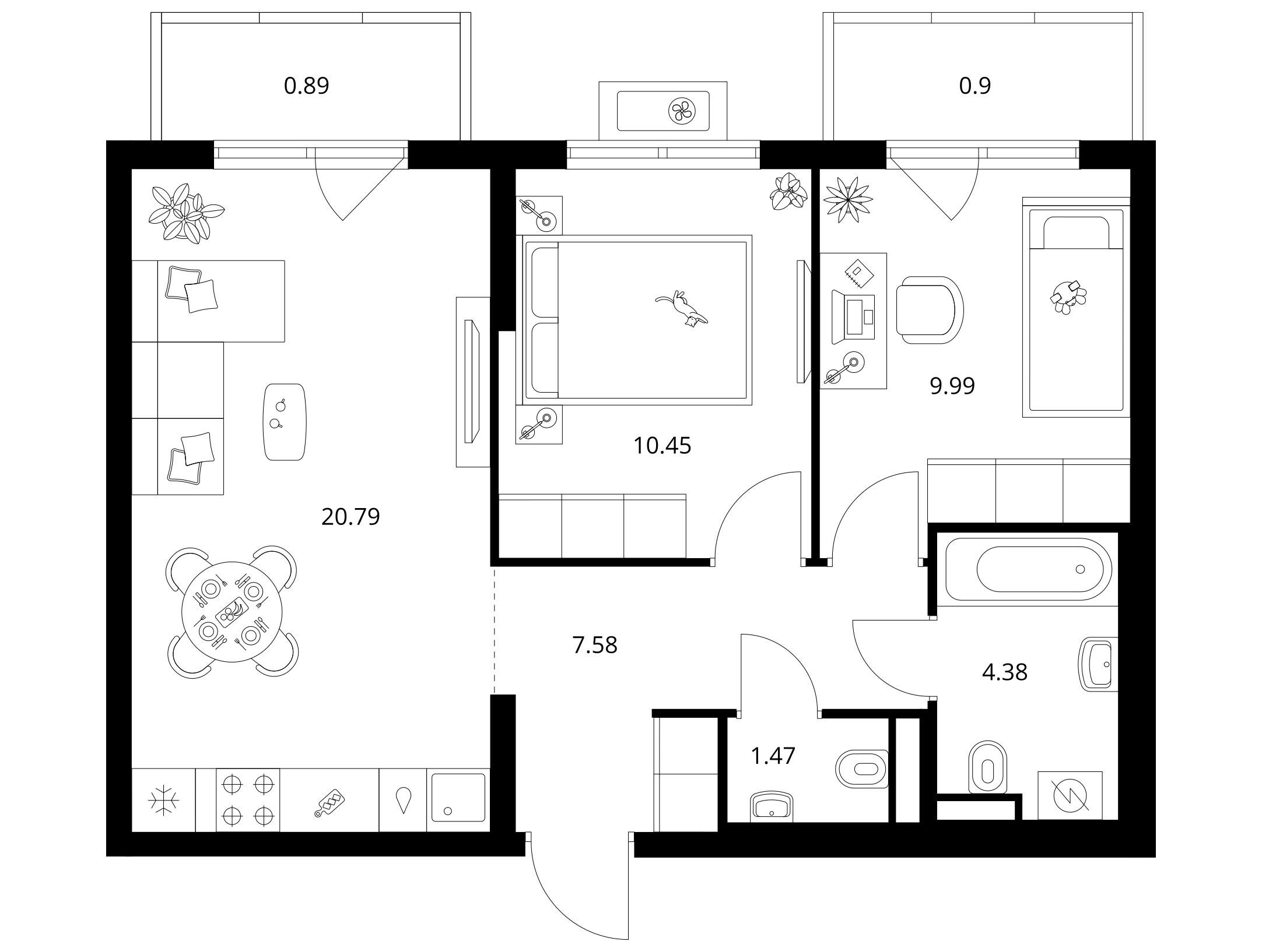 Планировка: 2-комн. квартира 56.45 м² в новостройке Заречный парк