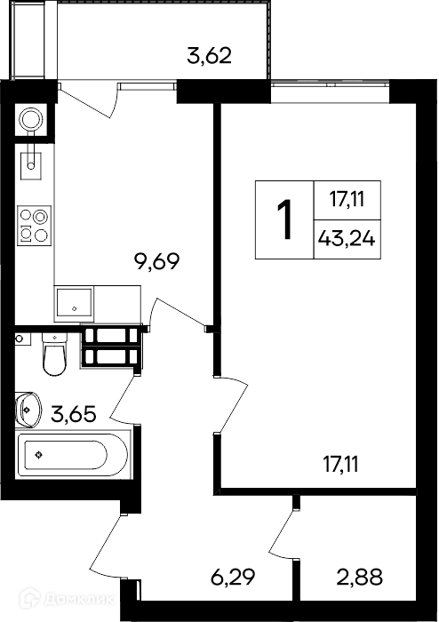 Планировка: 1-комн. квартира 43.24 м² в новостройке ЖК Республика