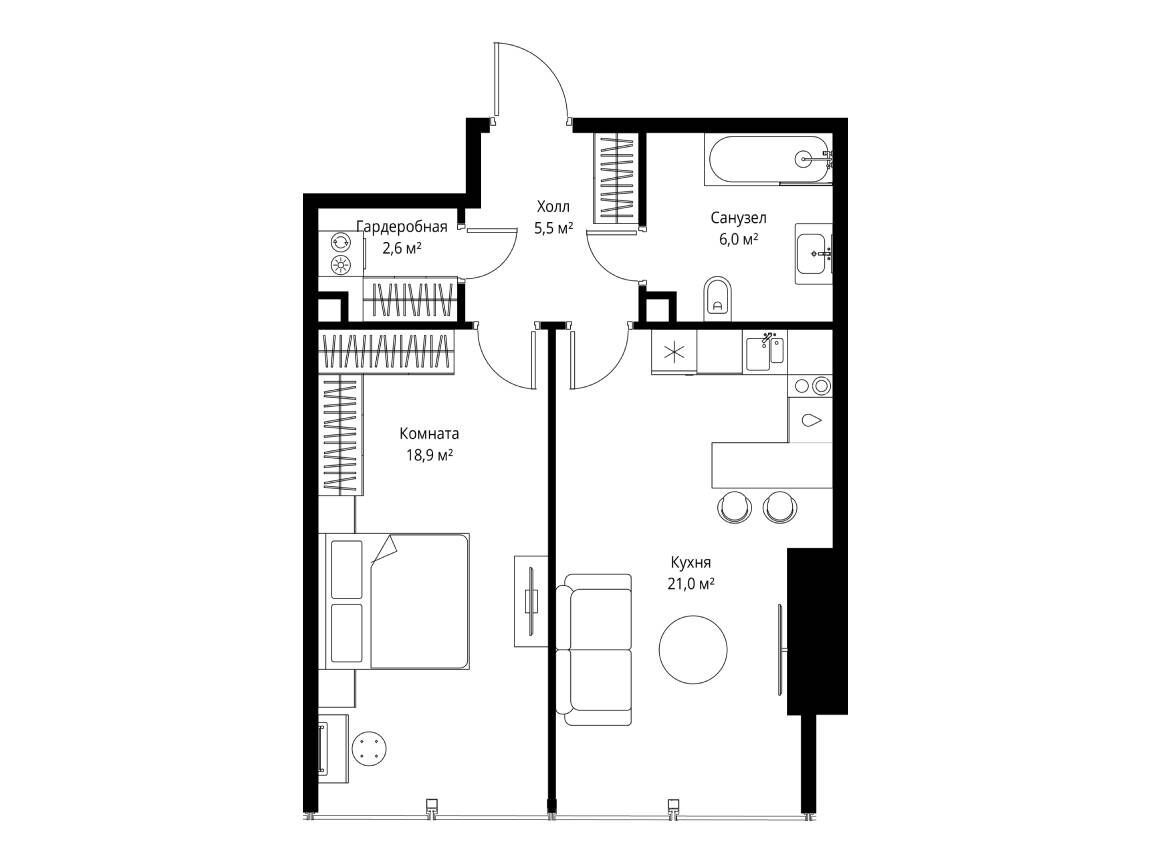 Планировка: 1-комн. квартира 54.00 м² в новостройке Оне