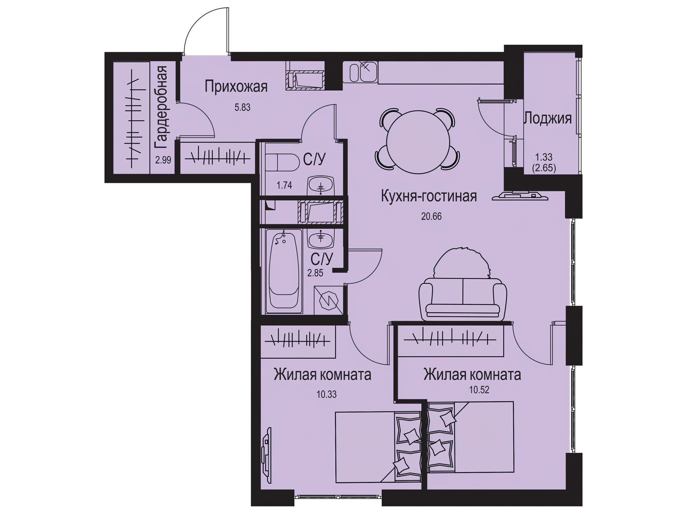 Планировка: 3-комн. квартира 56.25 м² в новостройке Айди Кудрово 2