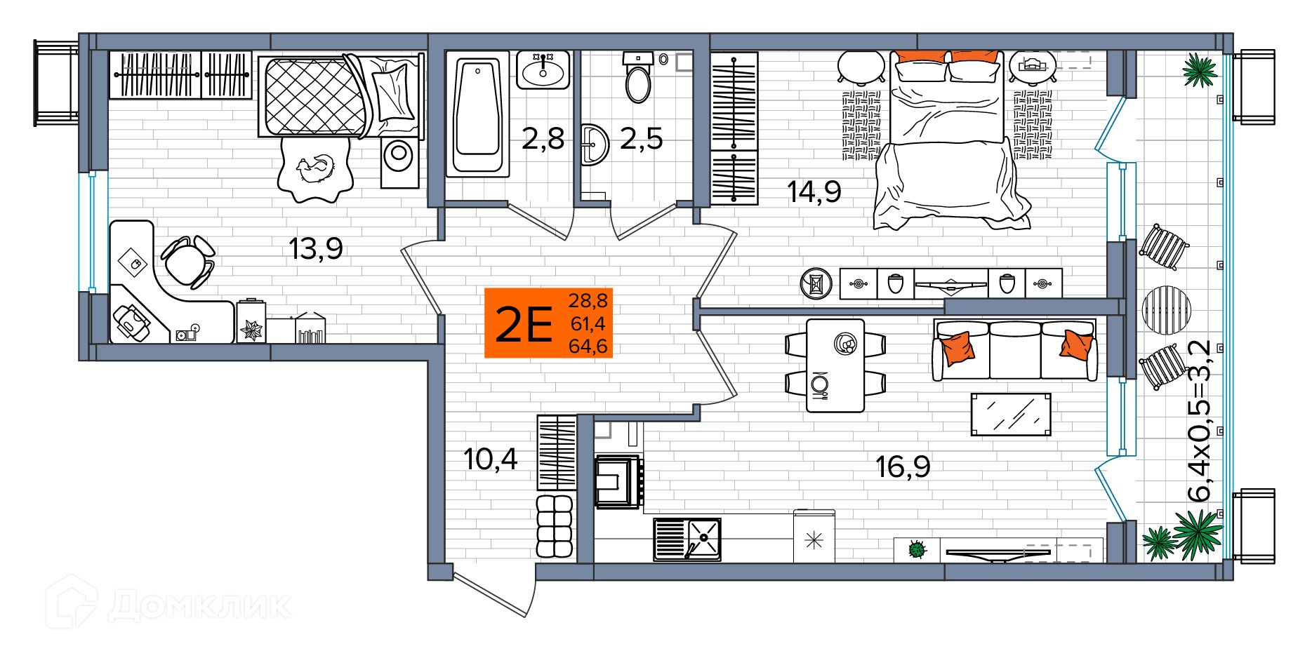 Планировка: 2-комн. квартира 64.60 м² в новостройке ЖК Сармат