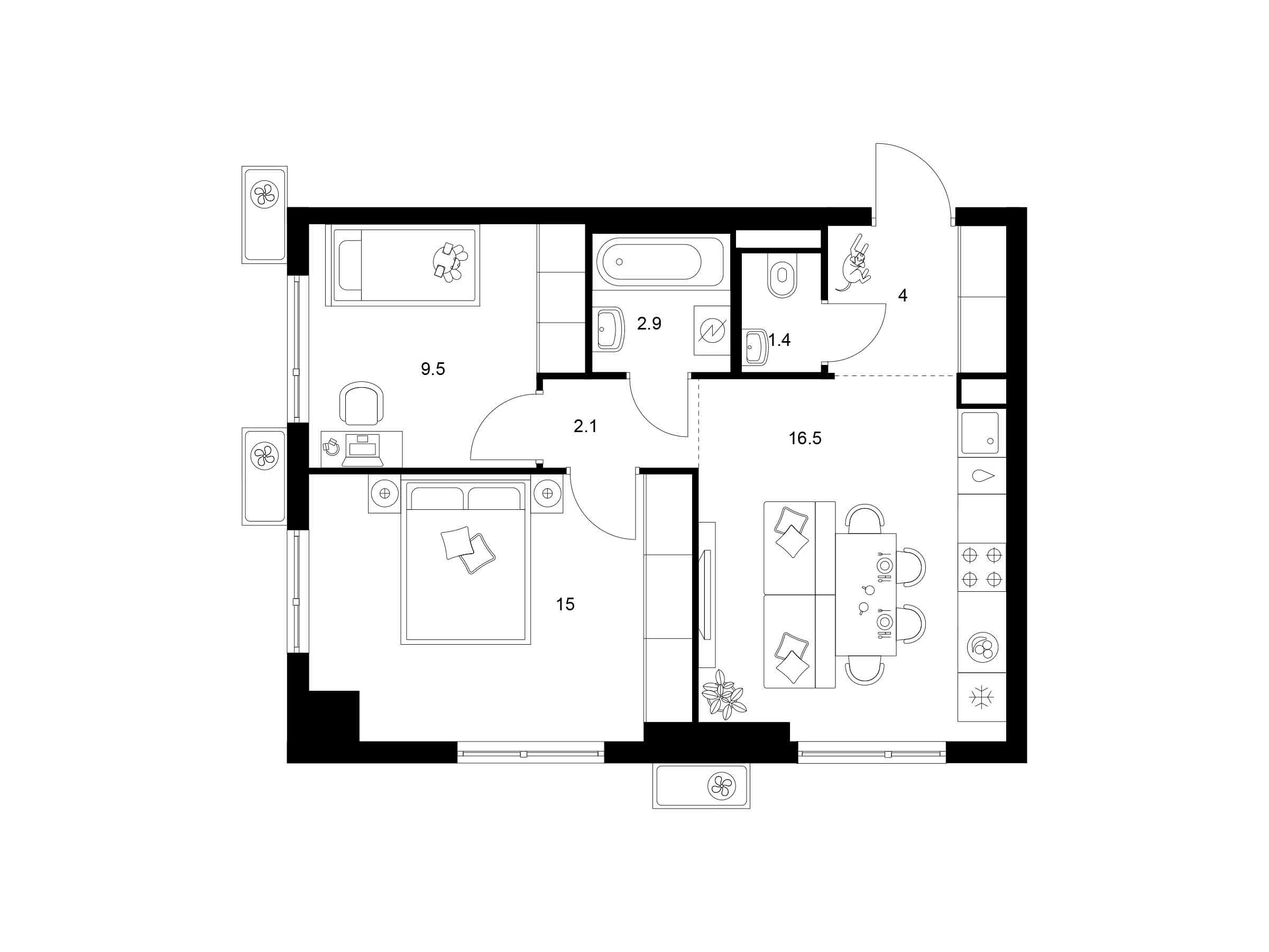 Планировка: 2-комн. квартира 51.40 м² в новостройке Белая Дача парк