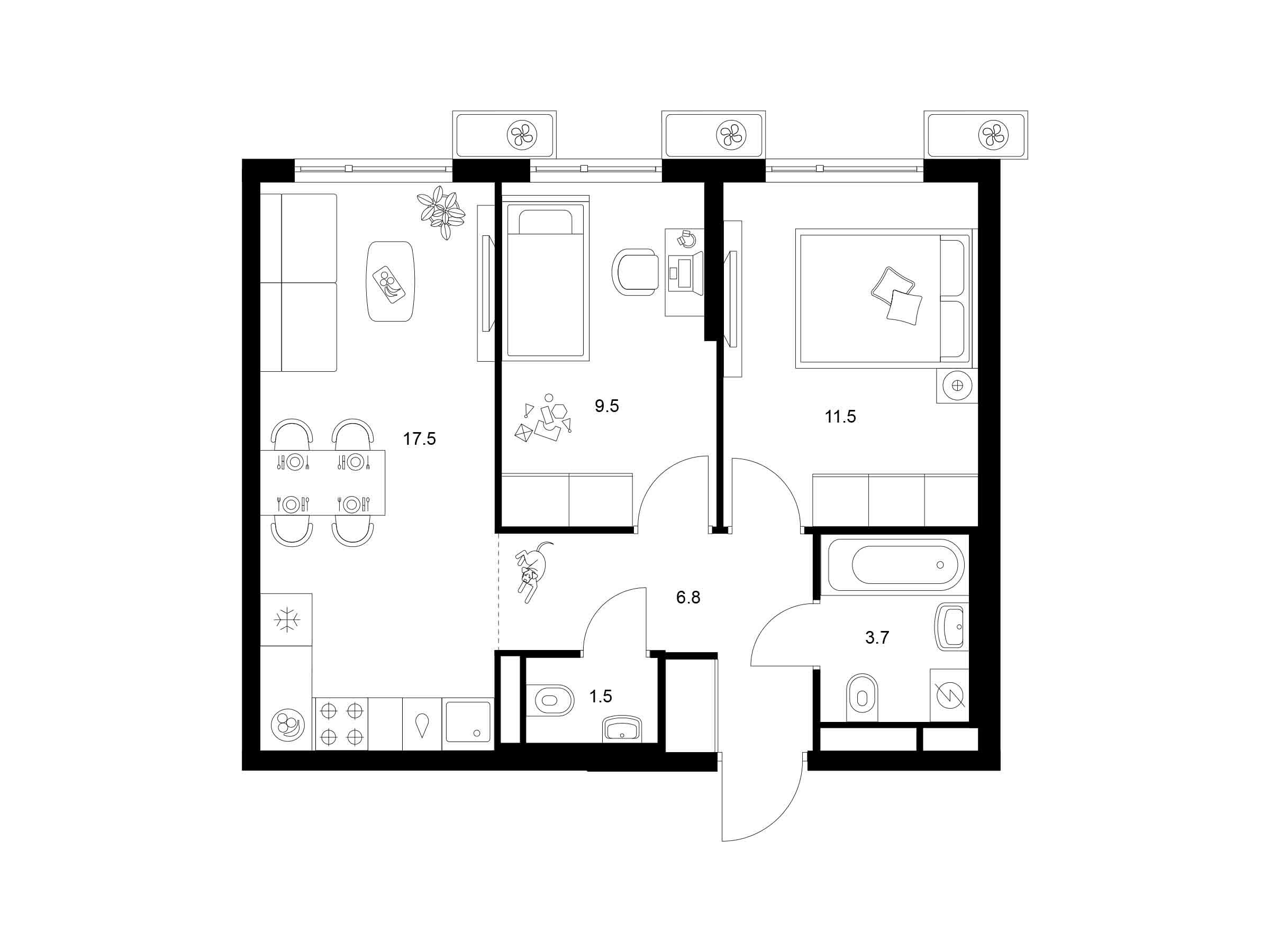 Планировка: 2-комн. квартира 50.50 м² в новостройке Белая Дача парк