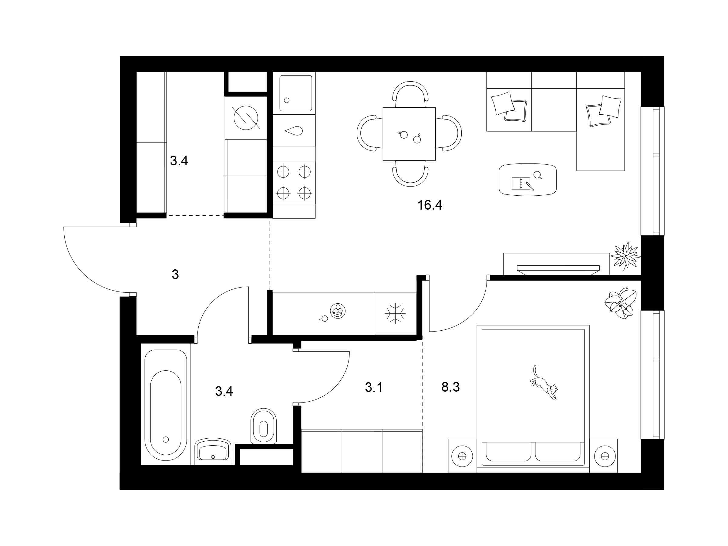 Планировка: 1-комн. квартира 37.60 м² в новостройке ЖК Бунинская набережная