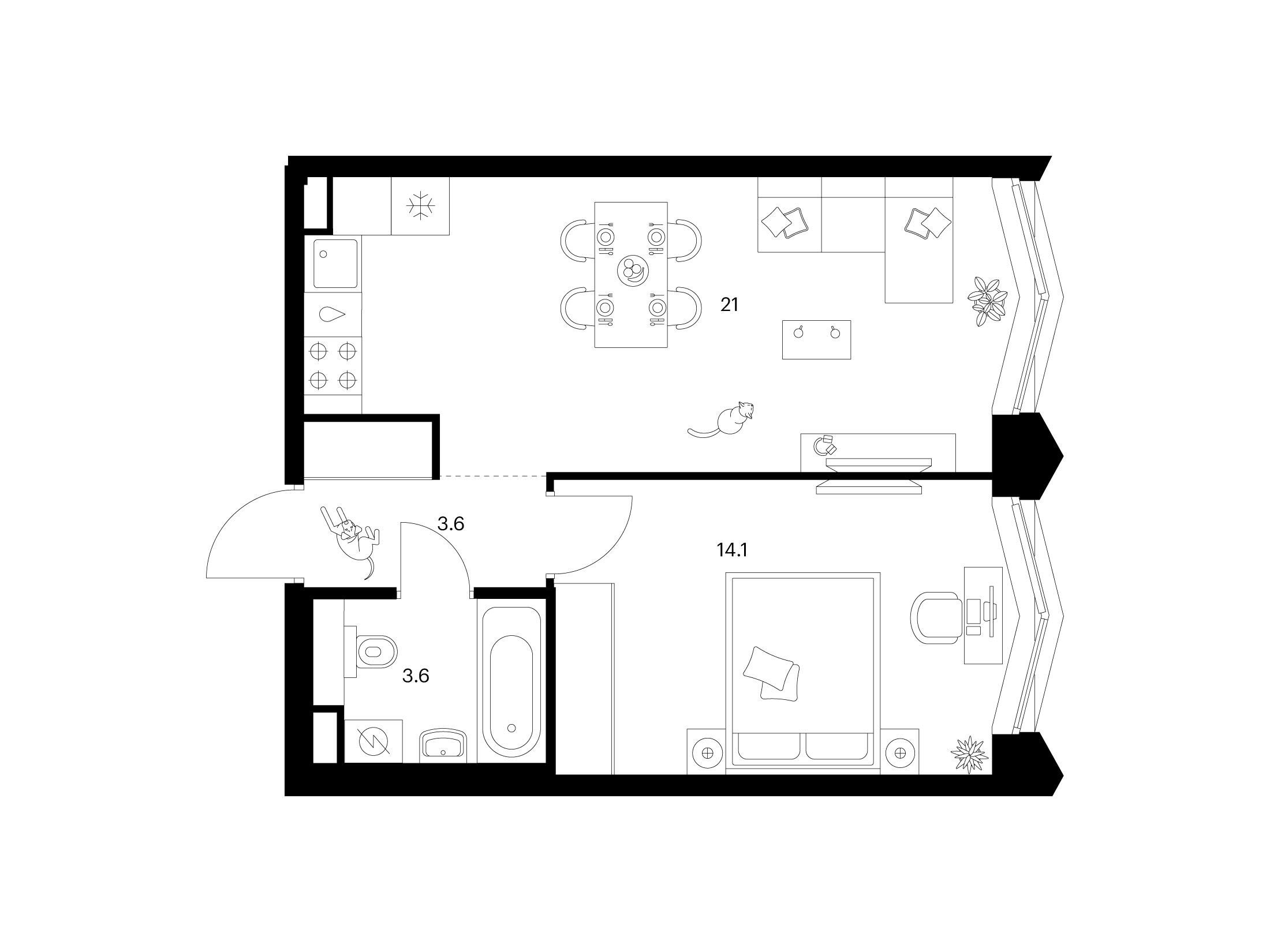 Планировка: 1-комн. квартира 42.30 м² в новостройке ЖК Матвеевский парк
