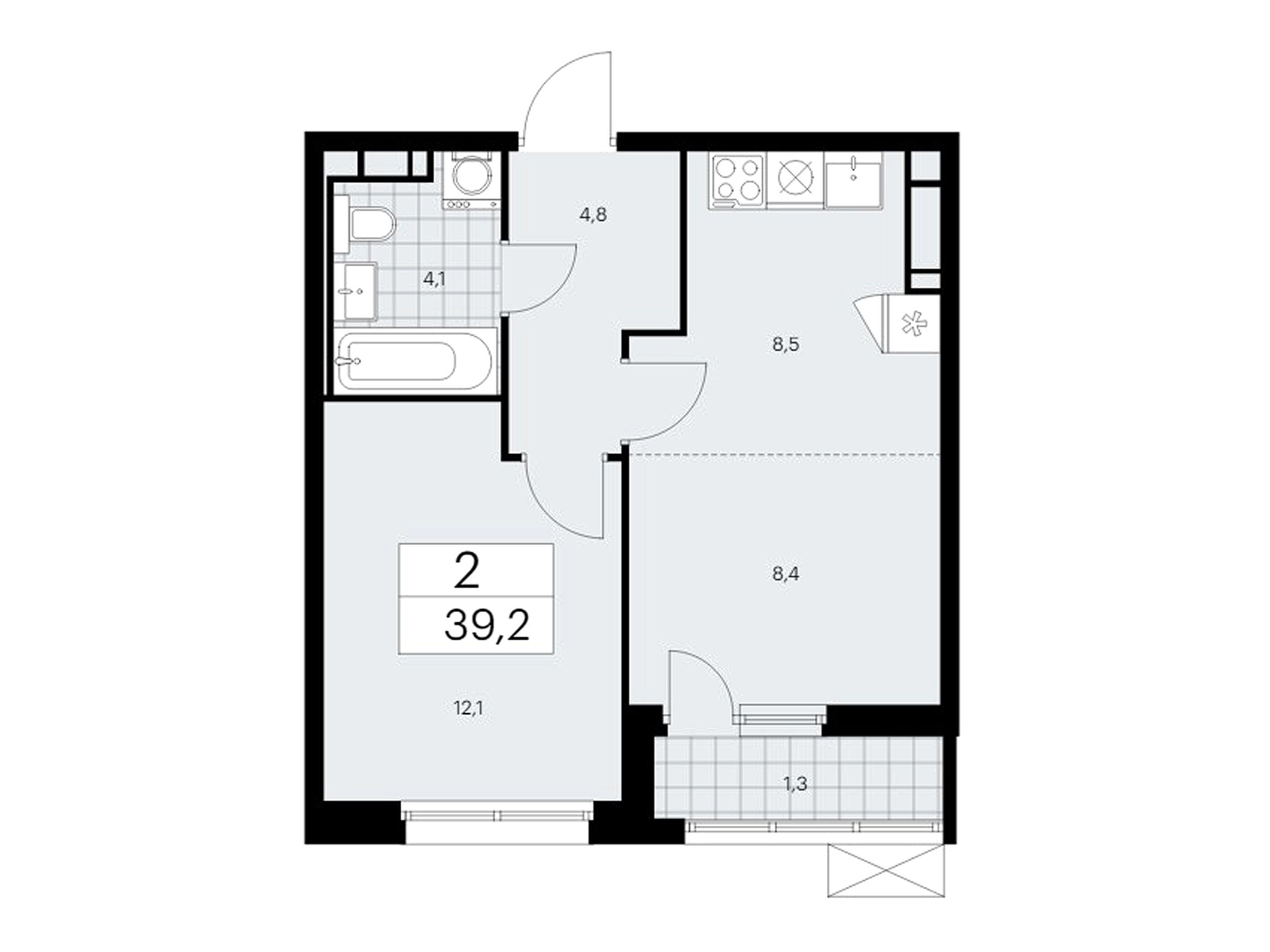 Планировка: 2-комн. квартира 39.20 м² в новостройке Скандинавия