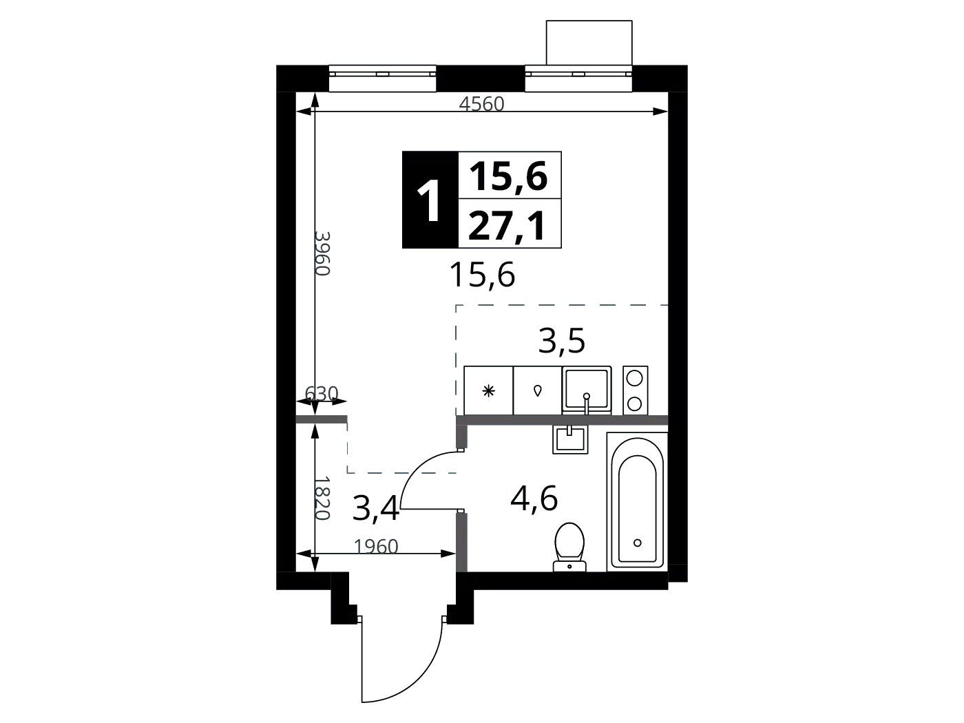 Планировка: Студия 27.10 м² в новостройке 1-й Ясеневский