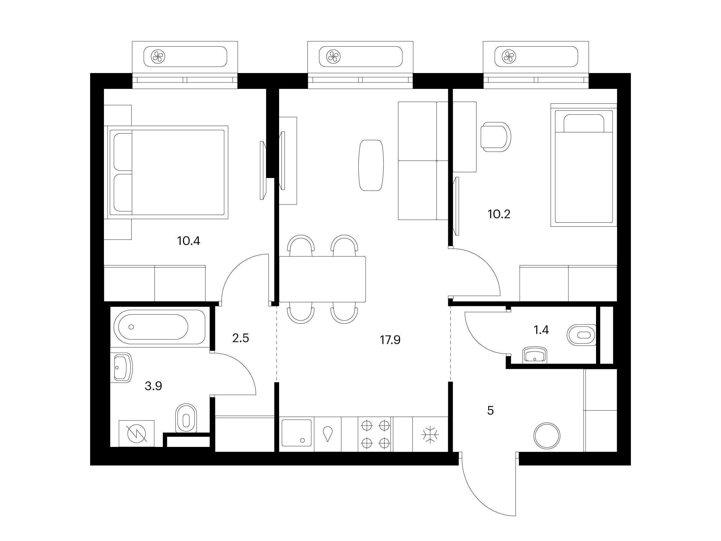 Планировка: 2-комн. квартира 51.30 м² в новостройке Восточное Бутово