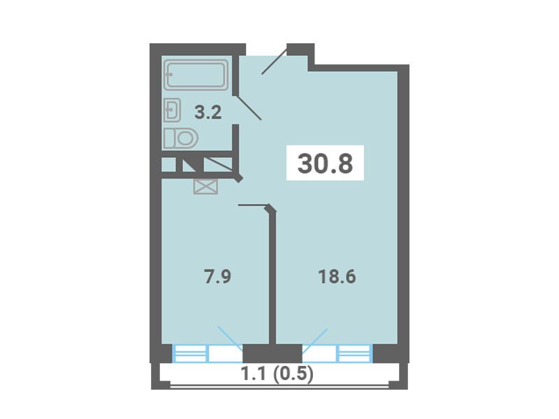 Планировка: 1-комн. квартира 30.80 м² в новостройке ЖК Южная долина