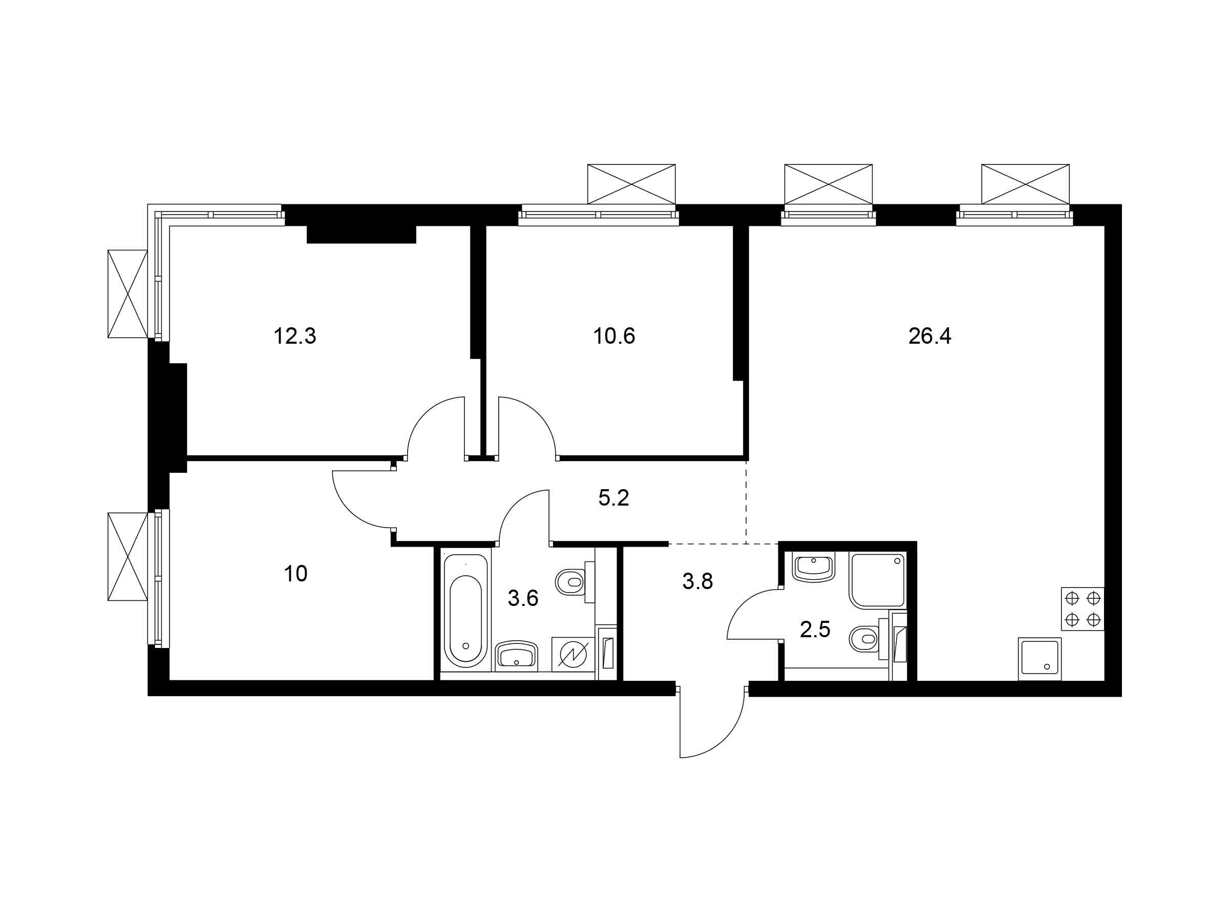 Планировка: 3-комн. квартира 74.40 м² в новостройке Руставели 14