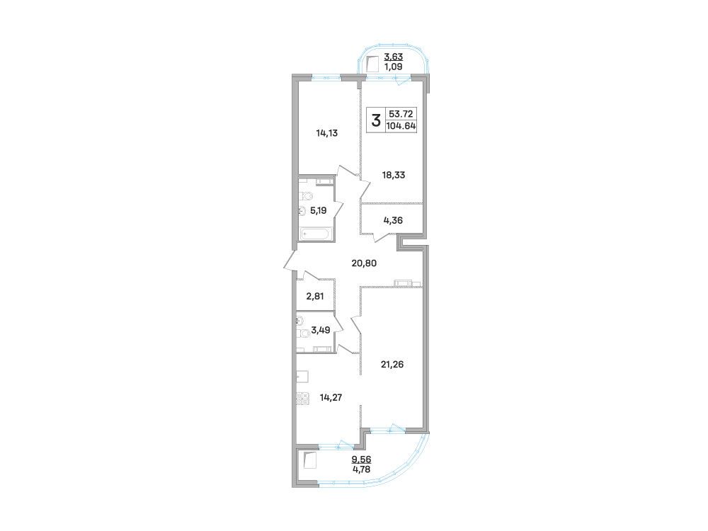 Планировка: 3-комн. квартира 104.60 м² в новостройке Дом-Мегалит в Королеве