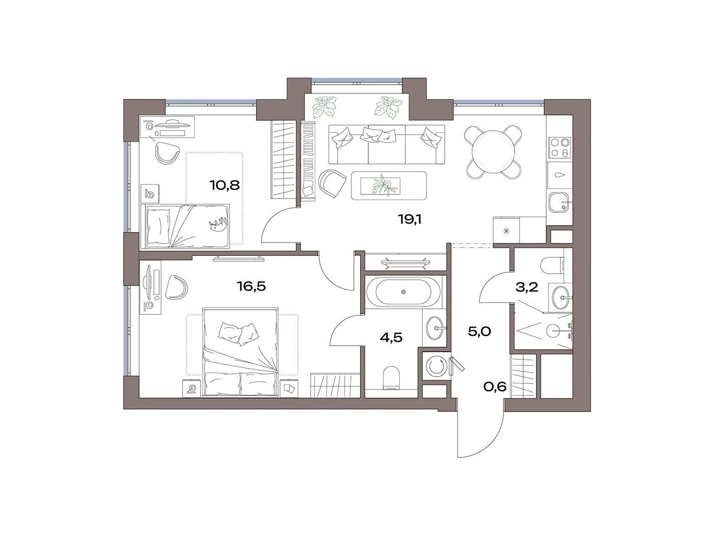 Планировка: 2-комн. квартира 59.70 м² в новостройке Акценты