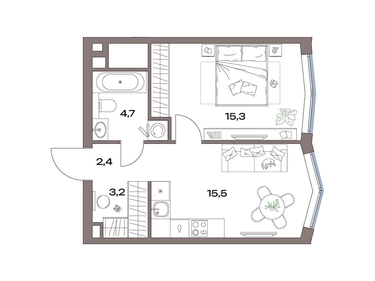 Планировка: 1-комн. квартира 41.10 м² в новостройке Акценты