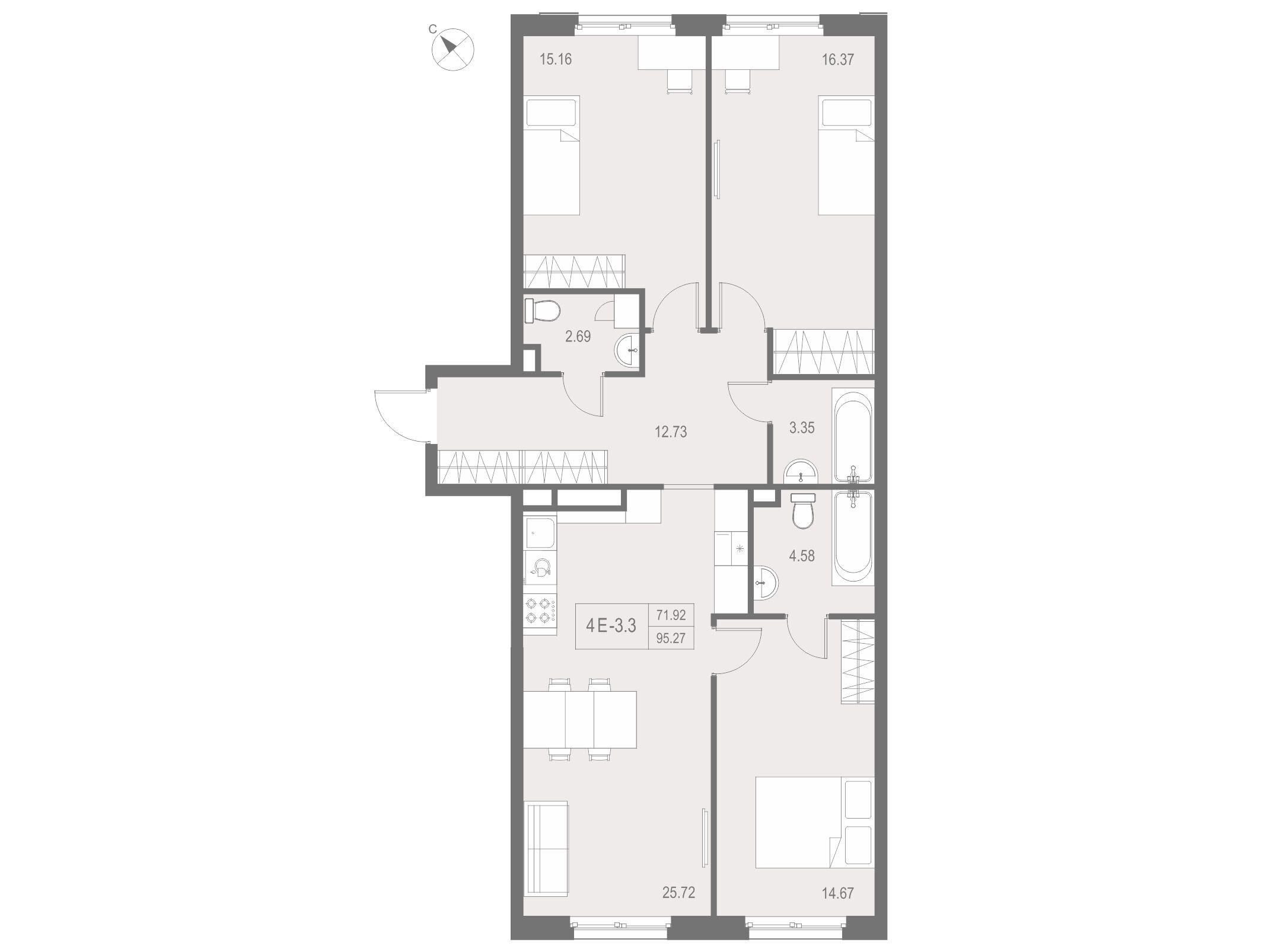 Планировка: 3-комн. квартира 95.27 м² в новостройке Зум на Неве