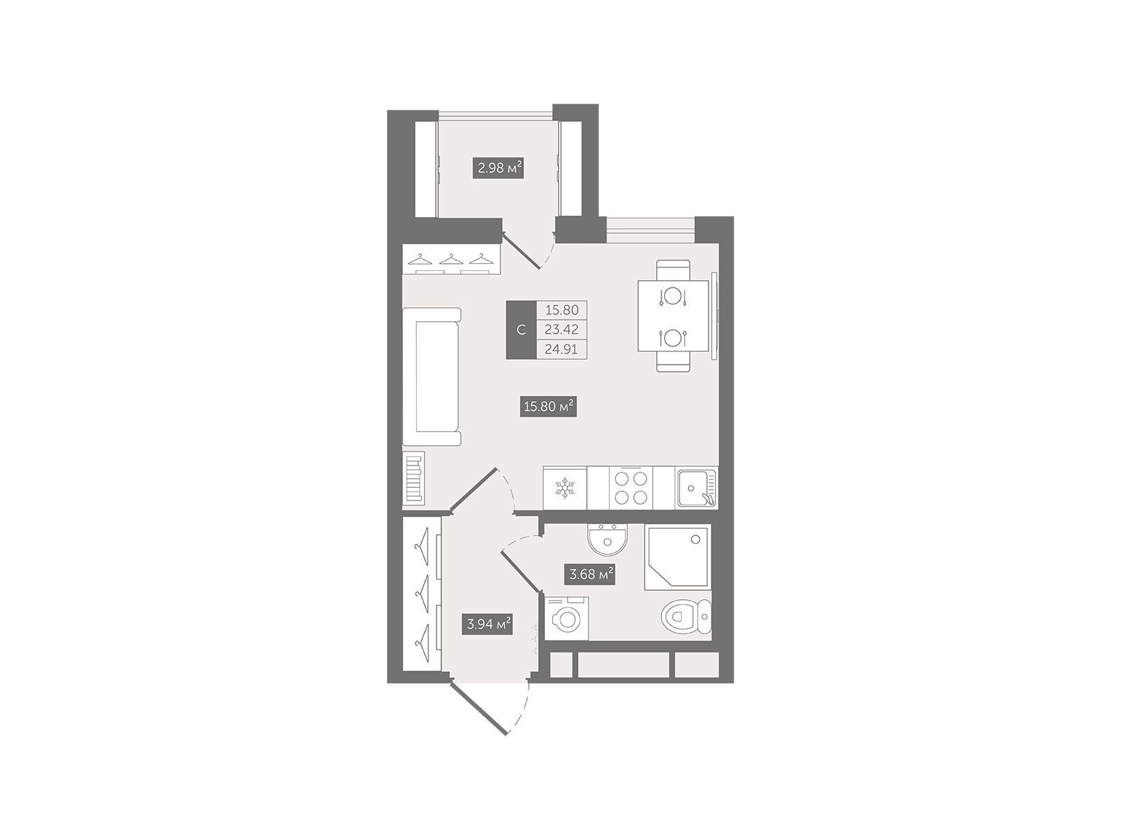Планировка: Студия 24.91 м² в новостройке Квартал Воронцовский