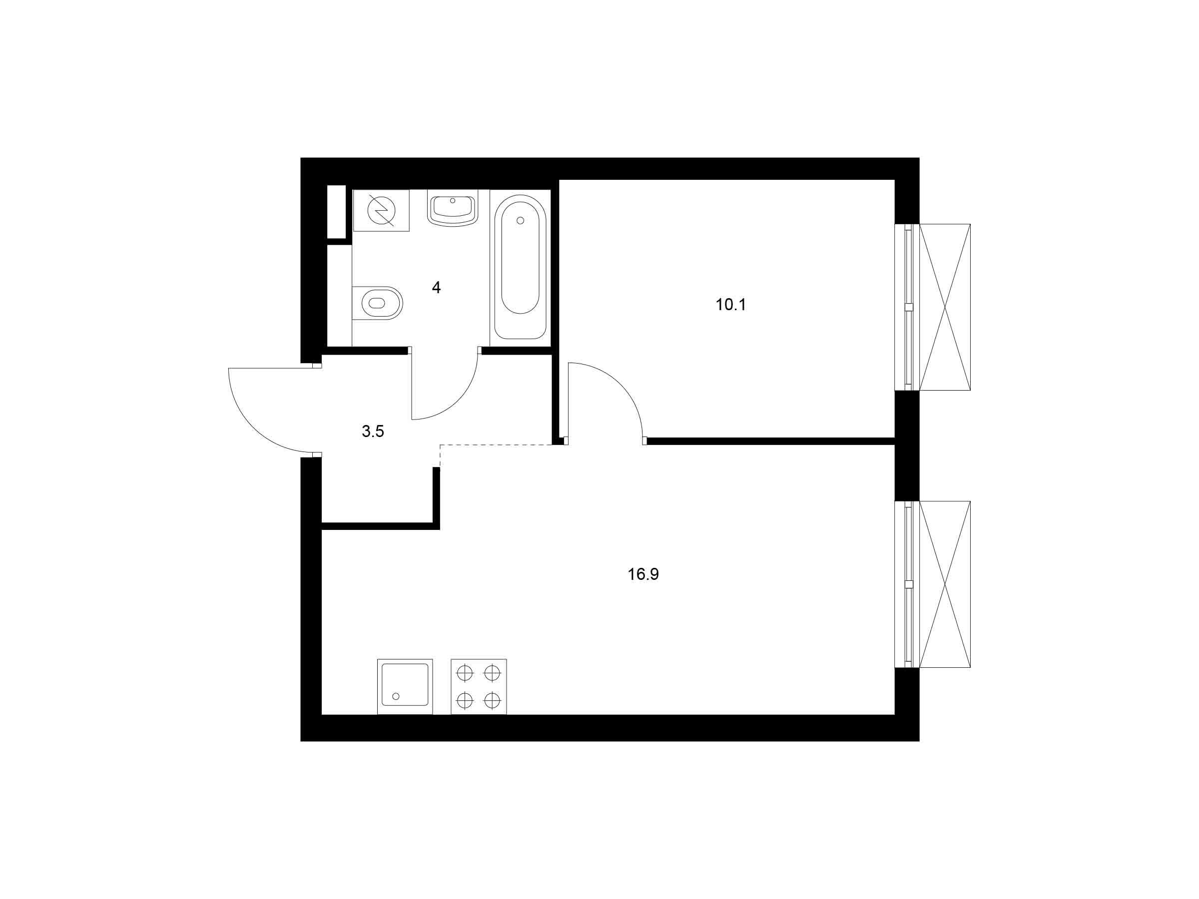 Планировка: 1-комн. квартира 34.50 м² в новостройке Ильинские луга