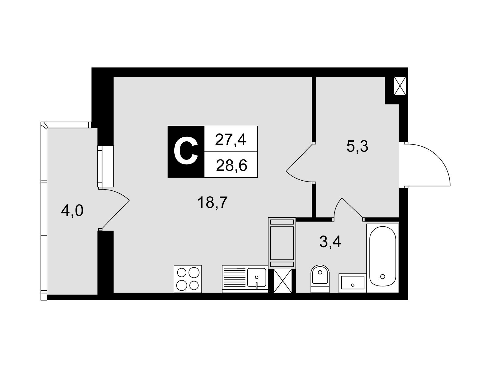 Планировка: Студия 28.60 м² в новостройке ЖК Красная горка (Подольск)