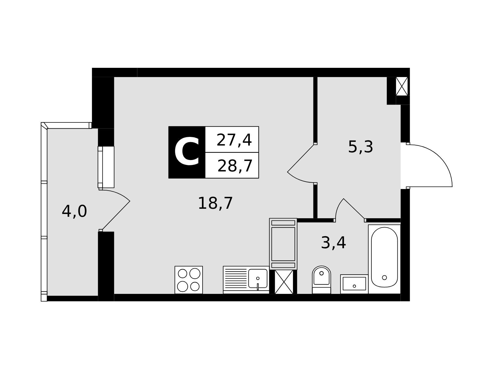 Планировка: Студия 28.70 м² в новостройке Красная горка