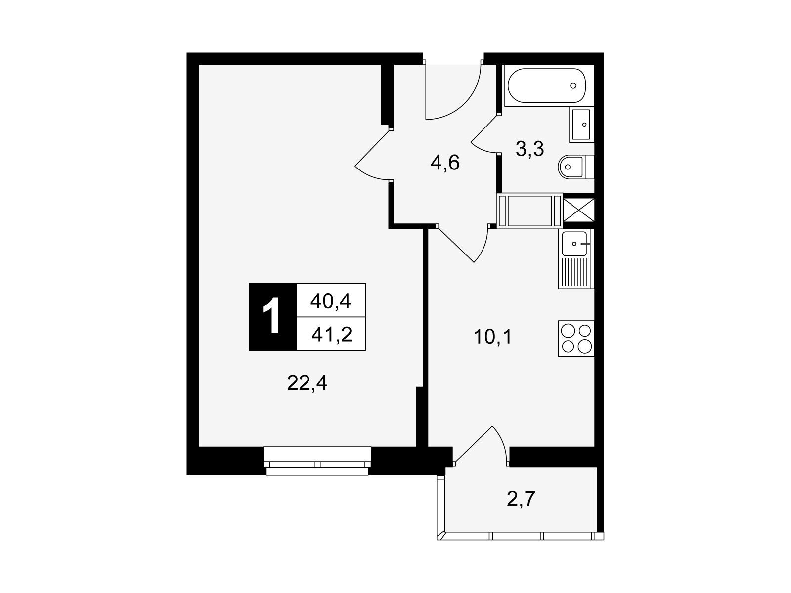 Планировка: 1-комн. квартира 41.20 м² в новостройке Красная горка