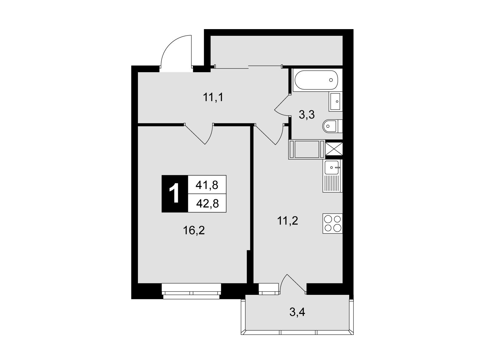 Планировка: 1-комн. квартира 42.80 м² в новостройке Красная горка