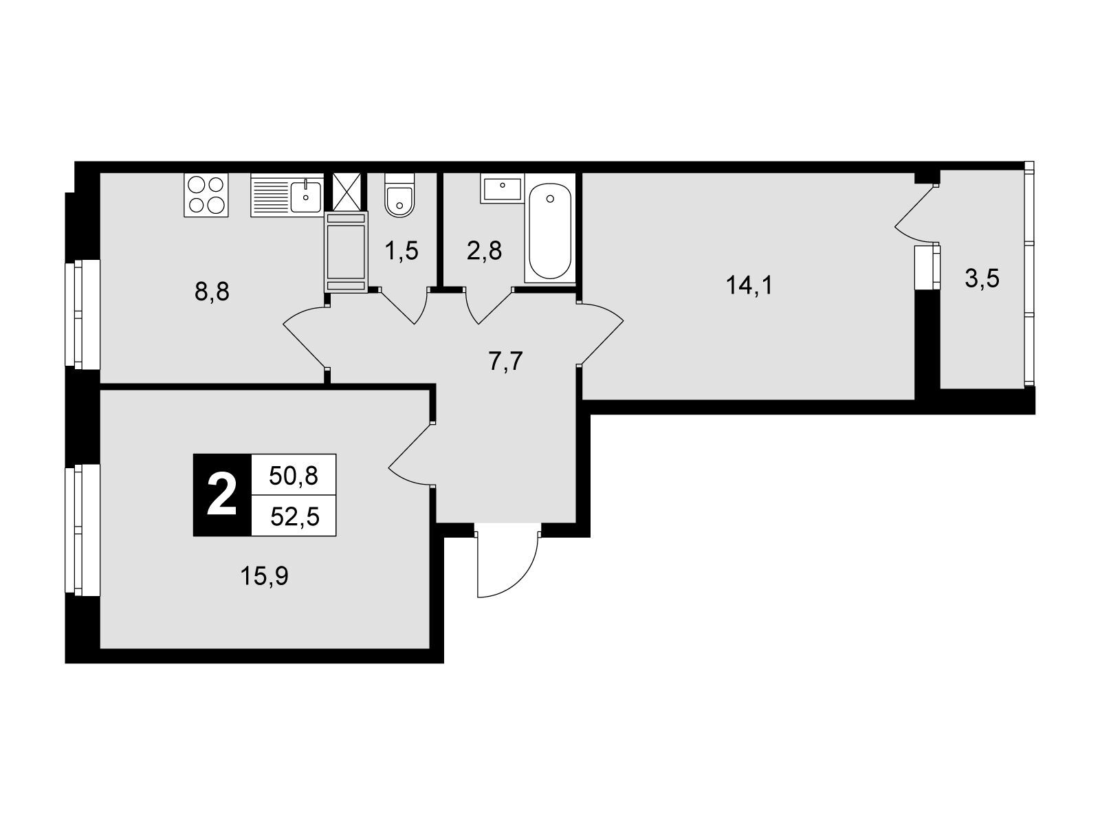 Планировка: 2-комн. квартира 52.50 м² в новостройке Красная горка