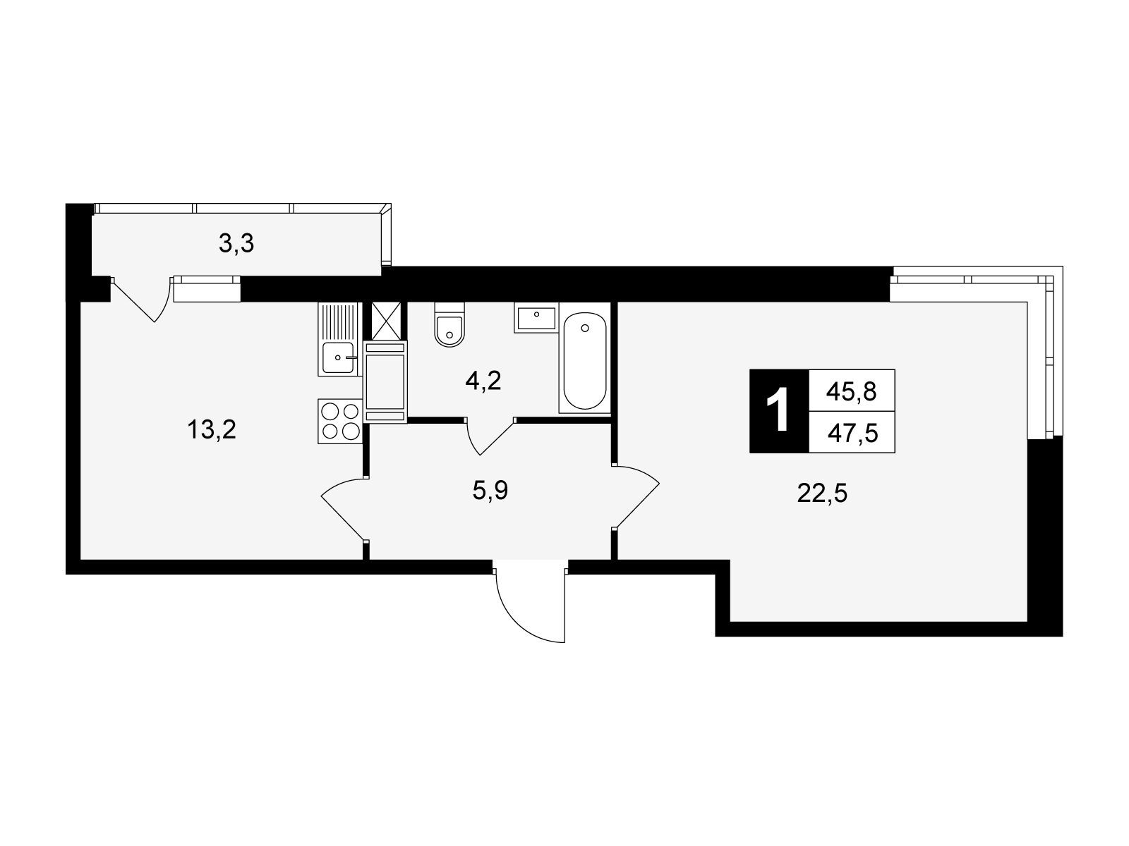 Планировка: 1-комн. квартира 47.50 м² в новостройке Красная горка