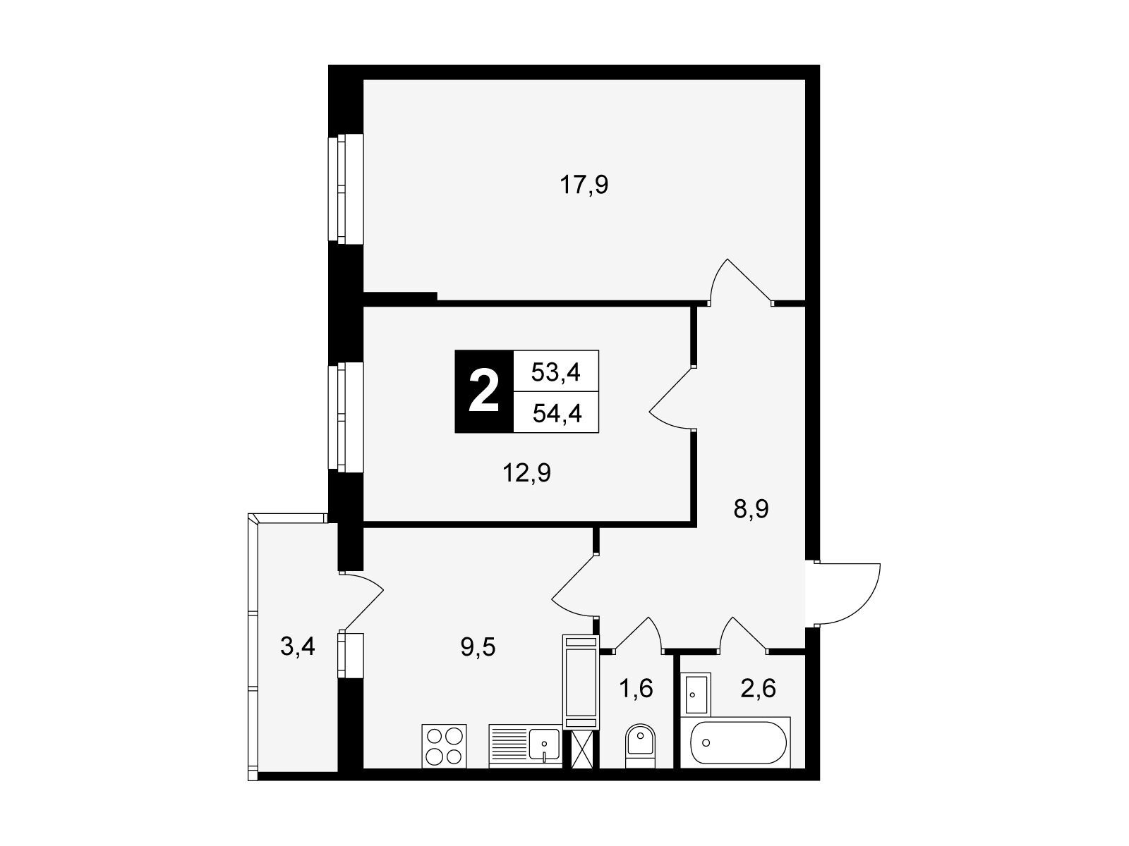 Планировка: 2-комн. квартира 54.40 м² в новостройке Красная горка