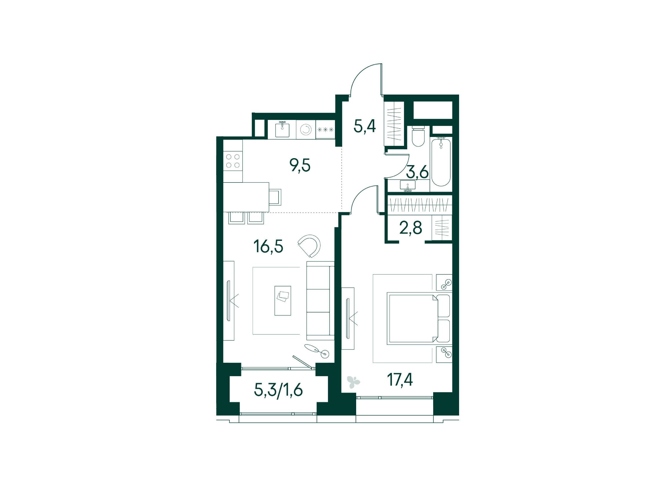 Планировка: 1-комн. квартира 56.70 м² в новостройке Примавера