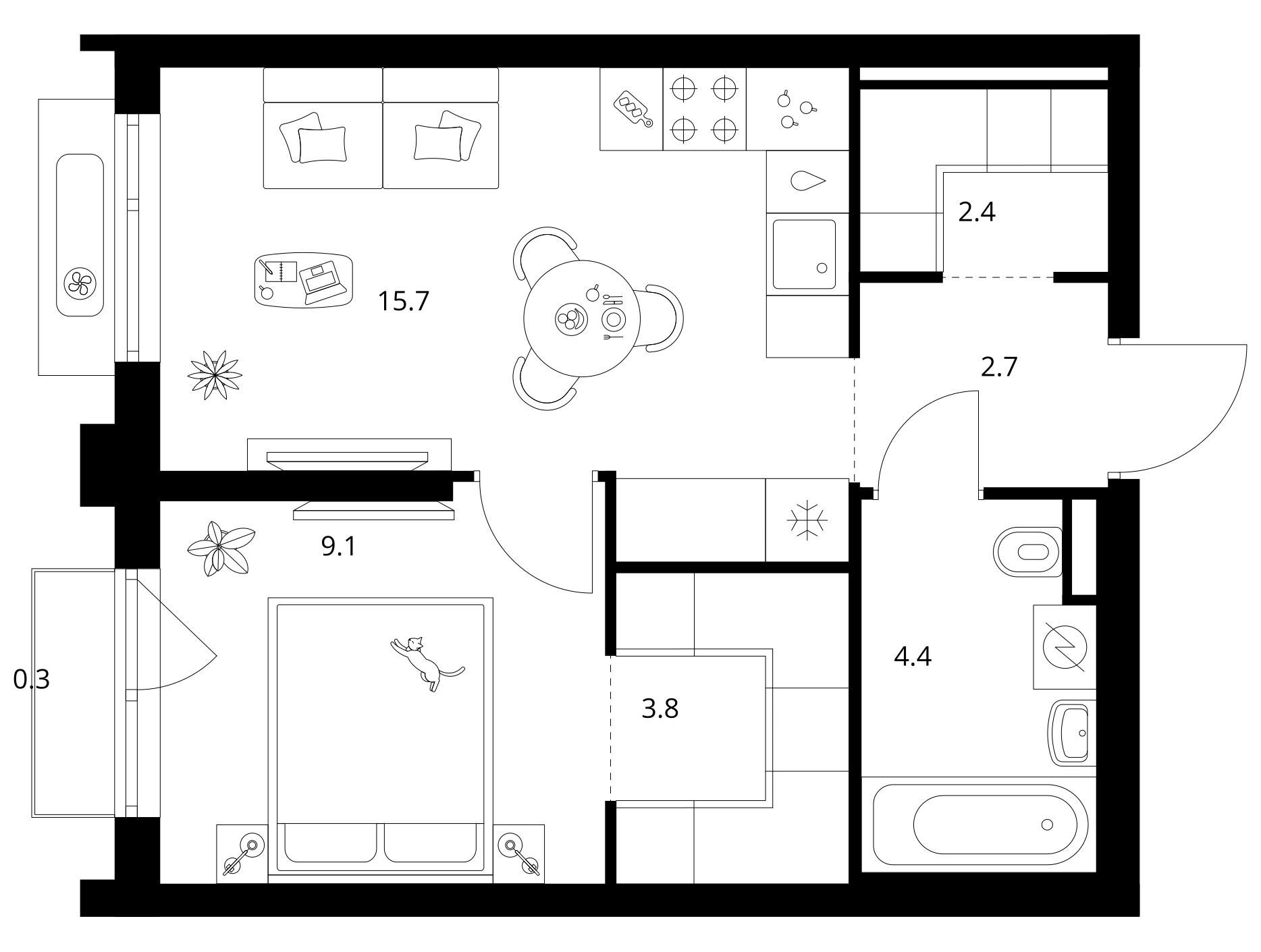 Планировка: 1-комн. квартира 38.40 м² в новостройке ЖК Середневский лес