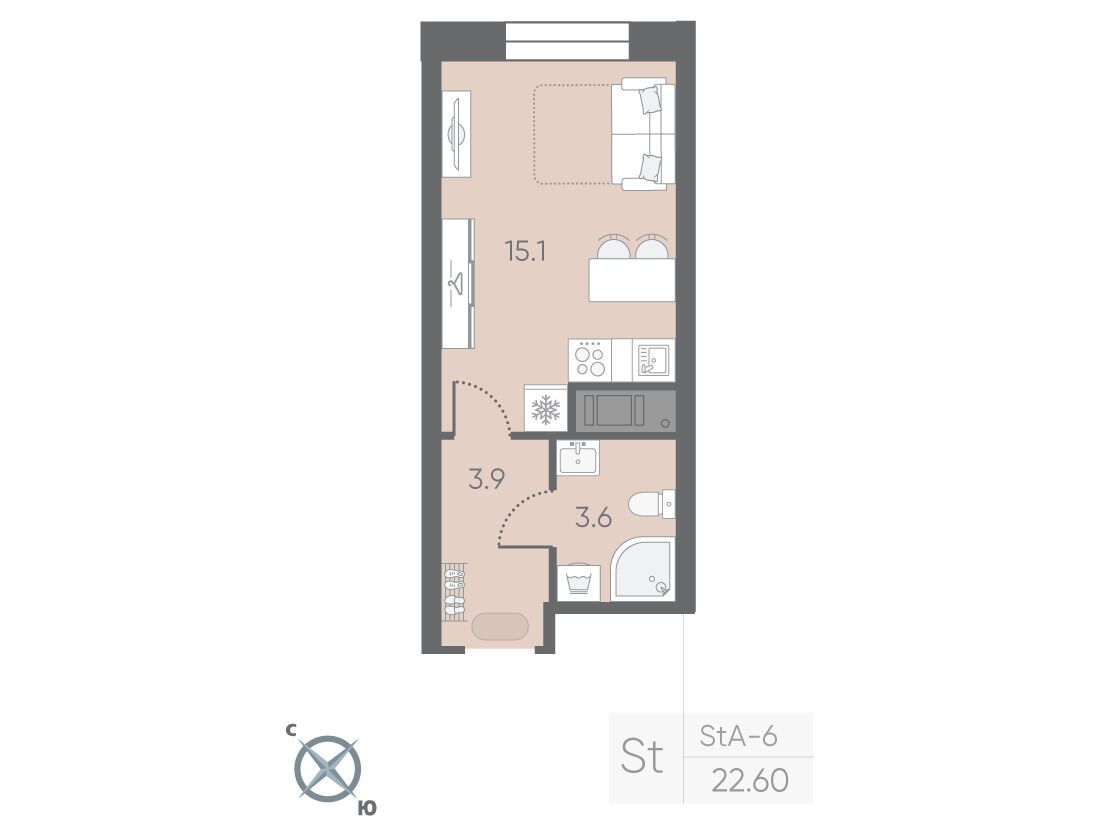 Планировка: Студия 22.60 м² в новостройке ЖК Большая Охта