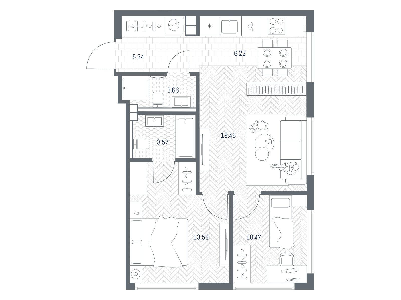 Планировка: 2-комн. квартира 61.31 м² в новостройке ЖК Тейт