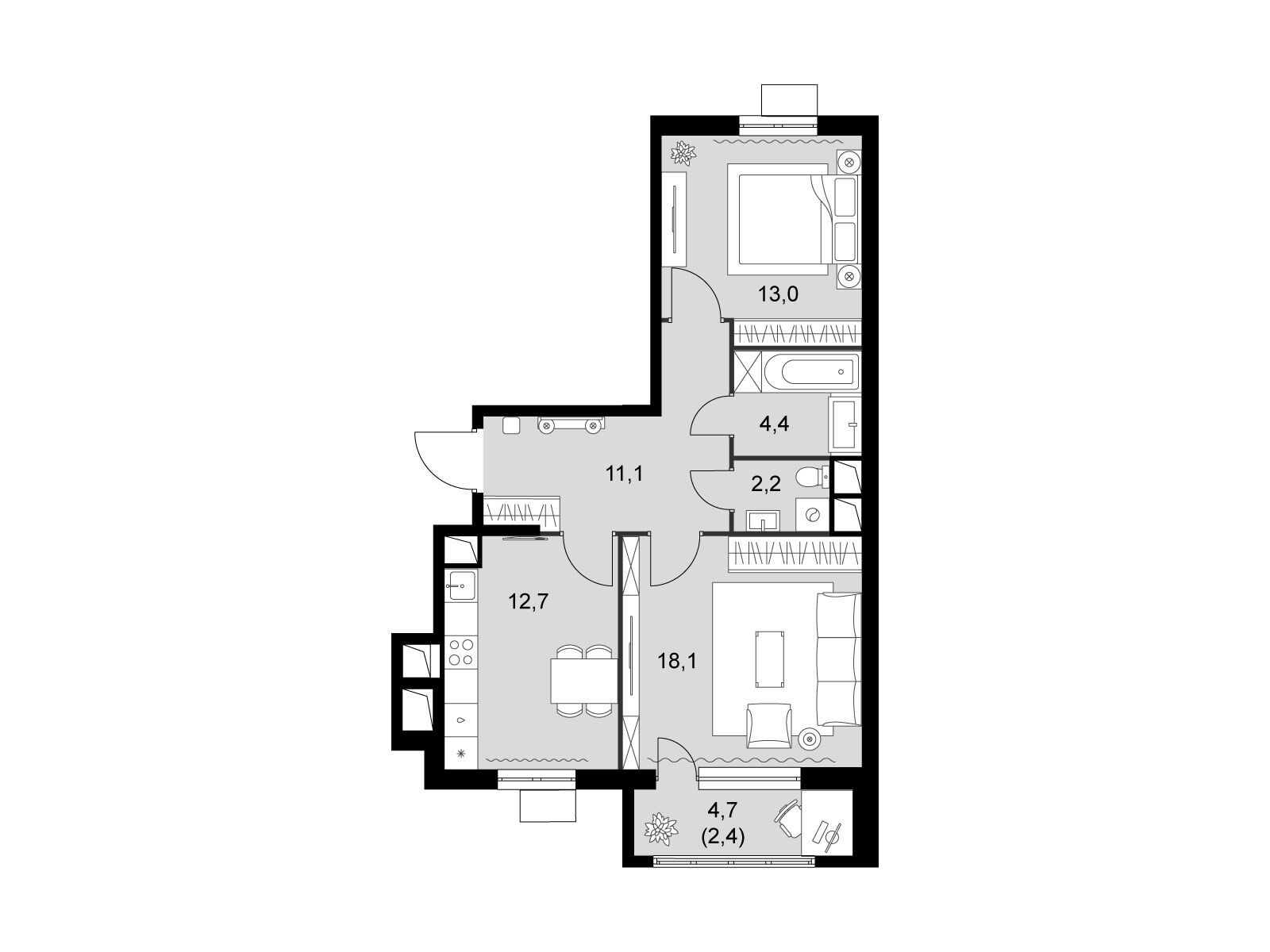 Планировка: 2-комн. квартира 63.80 м² в новостройке Римский
