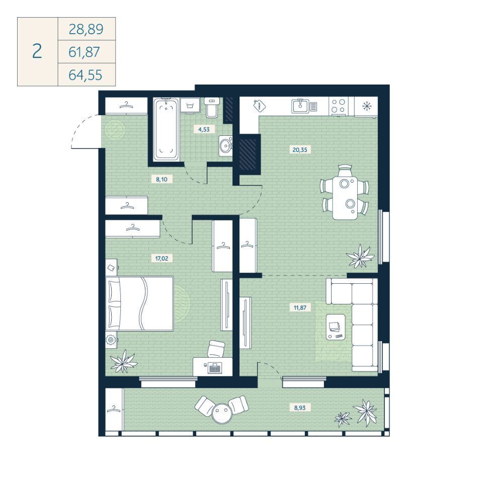 Планировка: 2-комн. квартира 61.87 м² в новостройке Белевский клуб