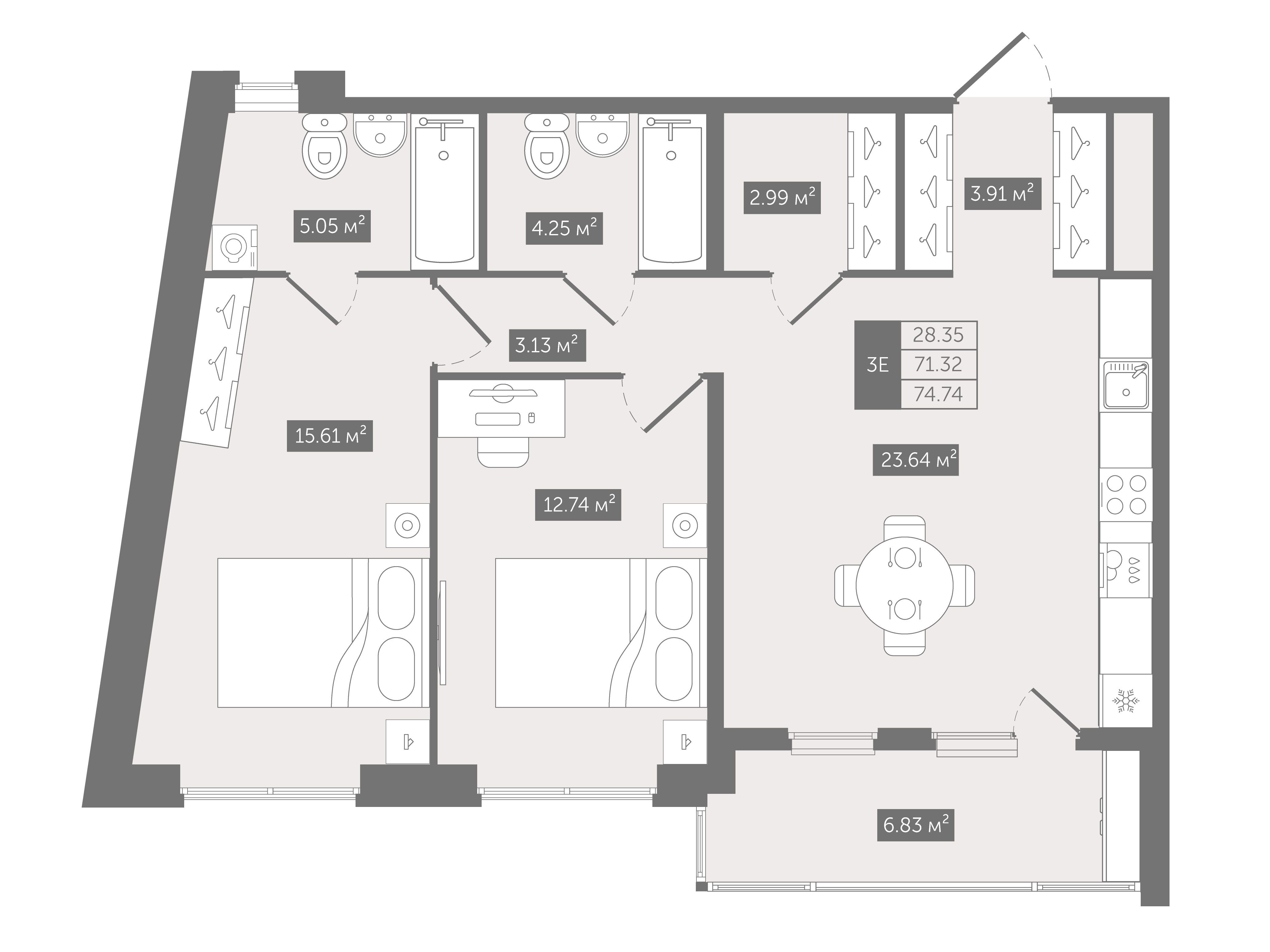 Планировка: 2-комн. квартира 74.74 м² в новостройке ЖК Новгородская 8
