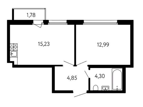 Планировка: 1-комн. квартира 37.90 м² в новостройке 17 линия