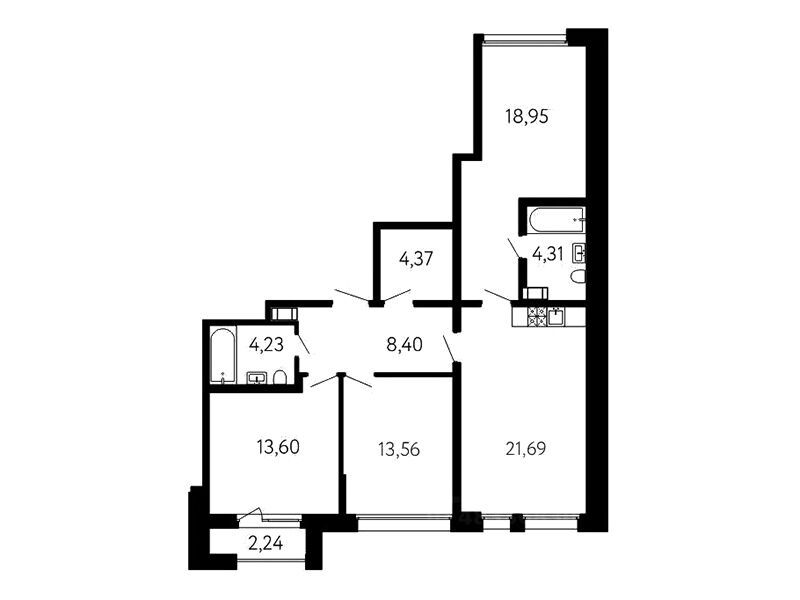 Планировка: 3-комн. квартира 88.78 м² в новостройке 17 линия