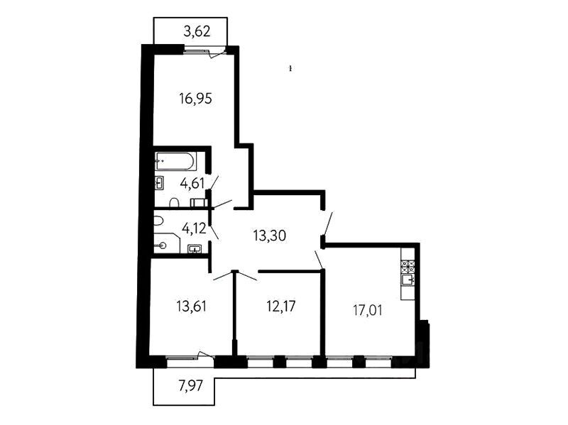 Планировка: 3-комн. квартира 85.25 м² в новостройке ЖК 17 линия