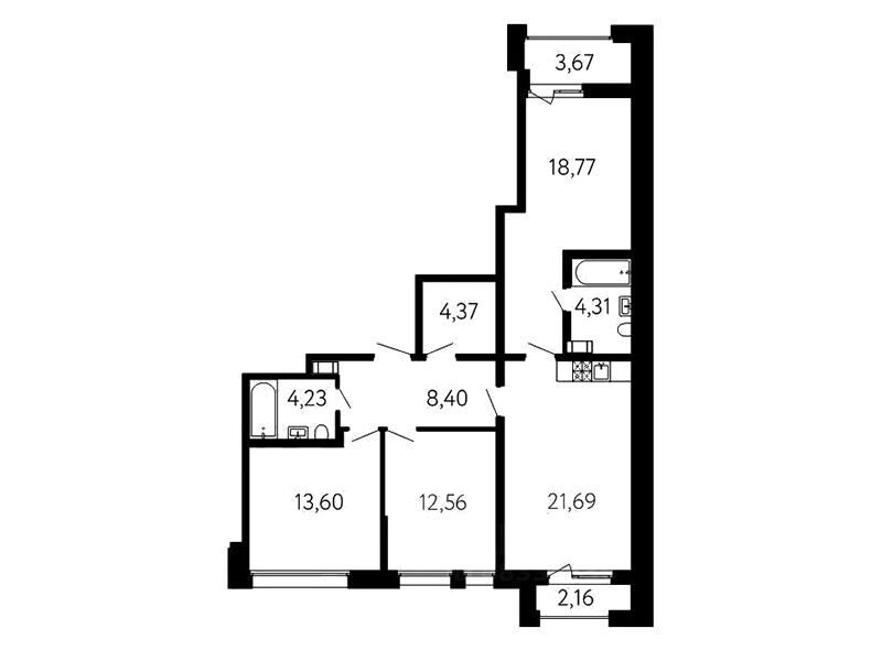 Планировка: 3-комн. квартира 89.68 м² в новостройке ЖК 17 линия