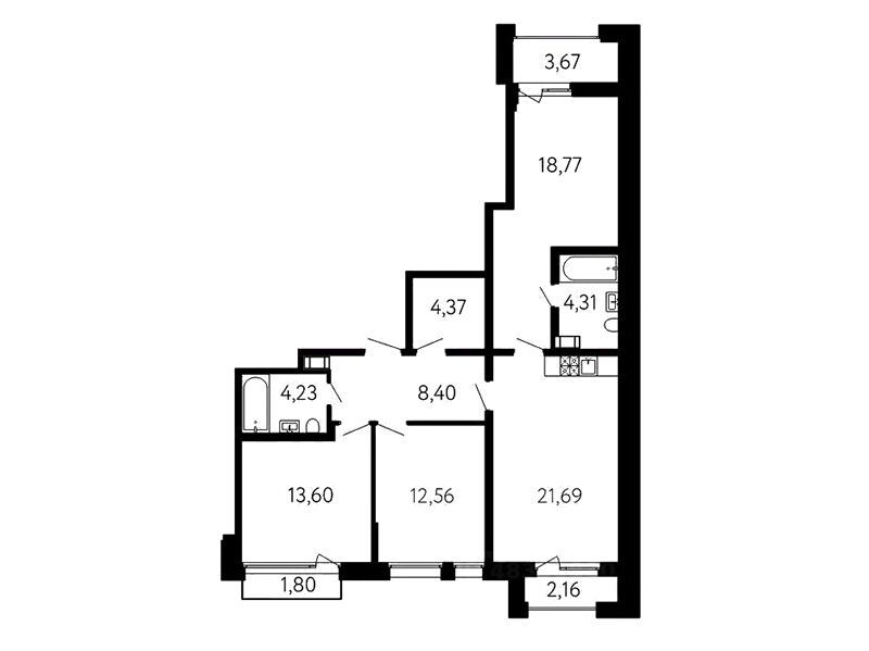Планировка: 3-комн. квартира 90.22 м² в новостройке ЖК 17 линия