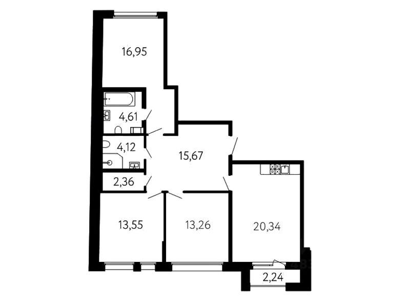 Планировка: 3-комн. квартира 91.53 м² в новостройке ЖК 17 линия