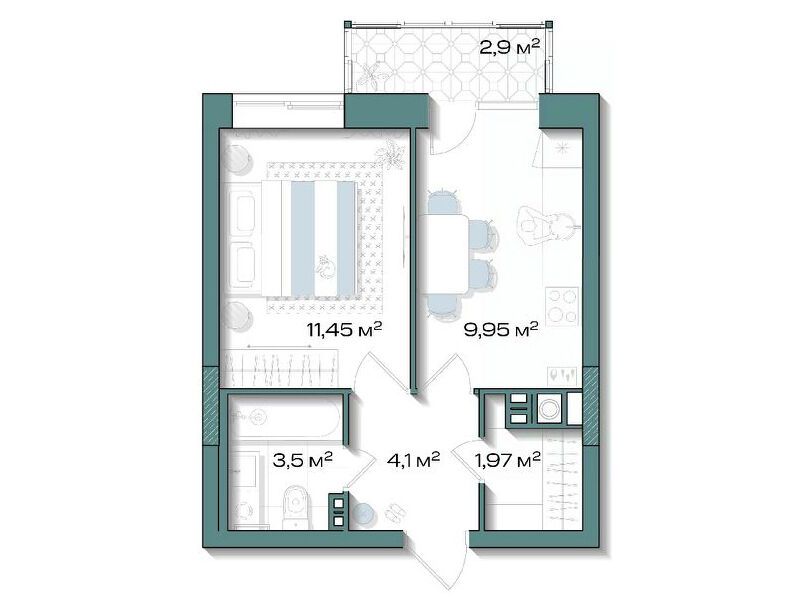 Планировка: 1-комн. квартира 31.85 м² в новостройке Аксиома. Возрождение
