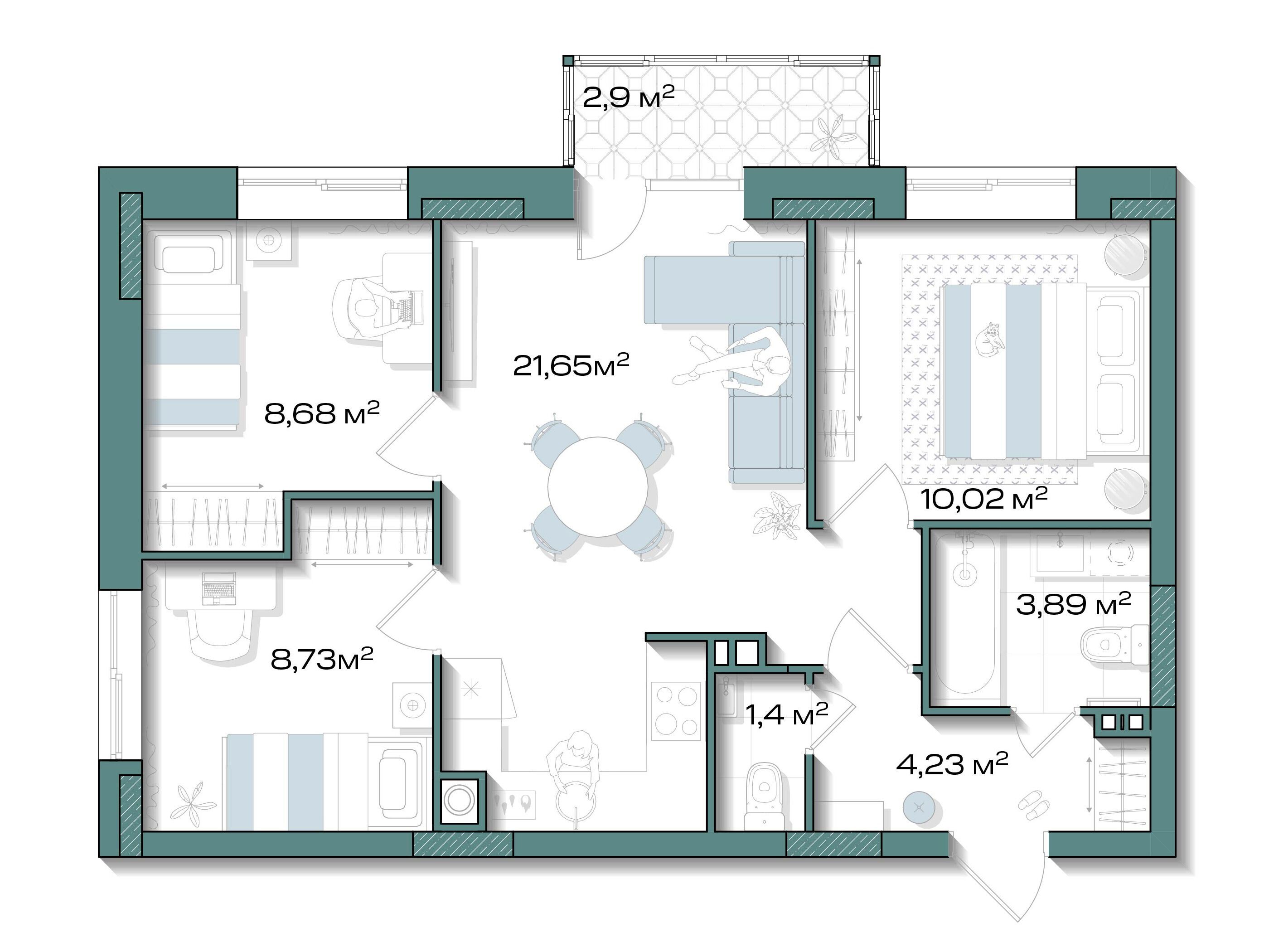 Планировка: 3-комн. квартира 59.47 м² в новостройке Аксиома. Возрождение