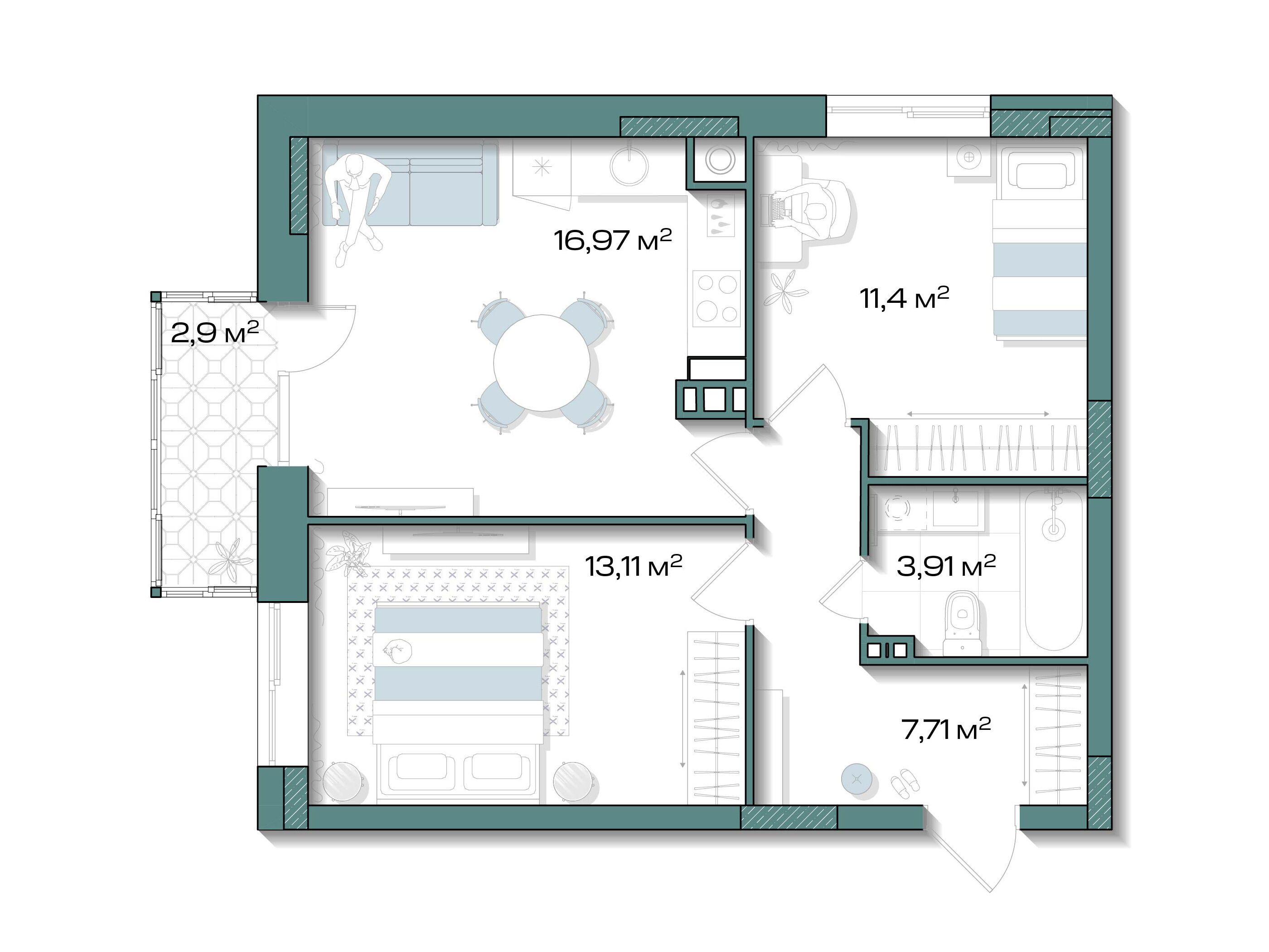 Планировка: 2-комн. квартира 53.97 м² в новостройке Аксиома. Возрождение