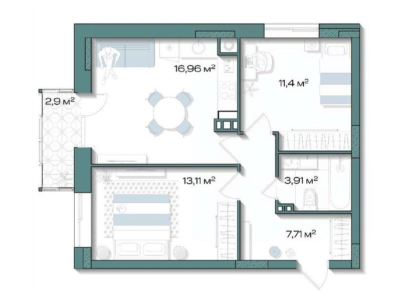 Планировка: 2-комн. квартира 53.96 м² в новостройке Аксиома. Возрождение
