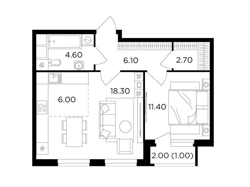 Планировка: 1-комн. квартира 50.10 м² в новостройке ЖК Филатов луг