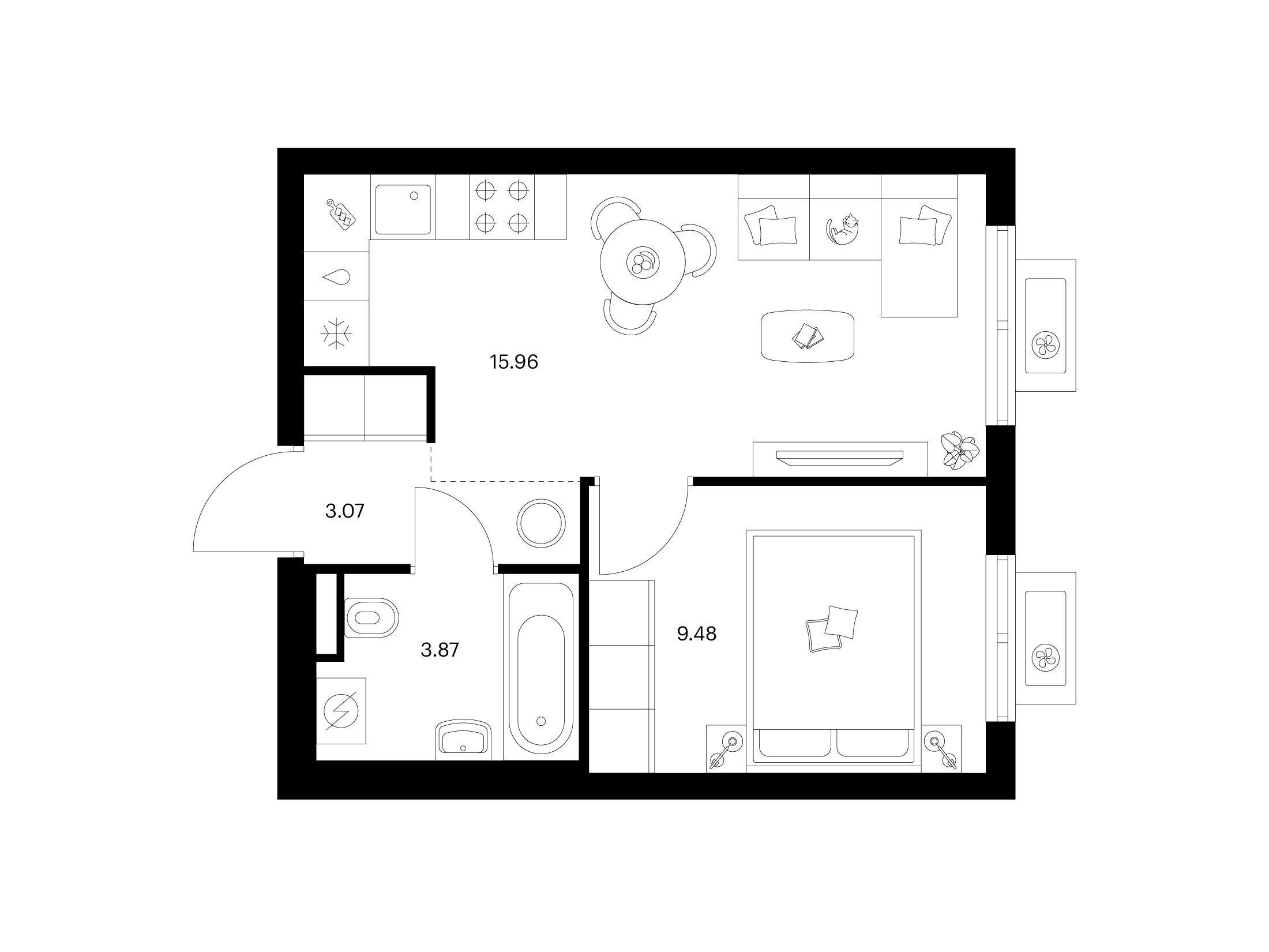 Планировка: 1-комн. квартира 32.38 м² в новостройке Заречный парк